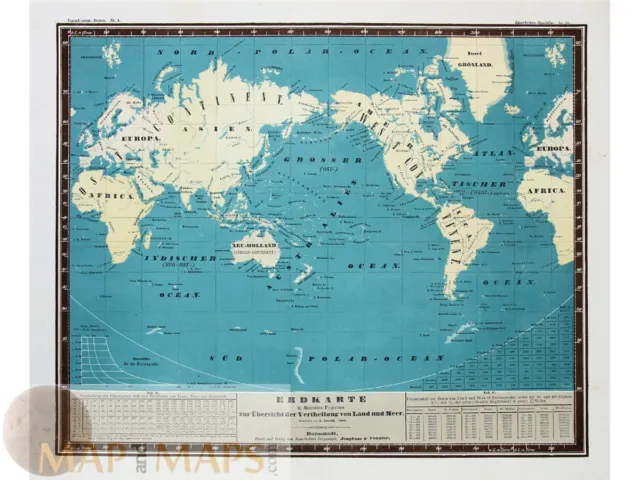 Earth map, Erdkarte in Mercators Projection. Bauerkeller 1851