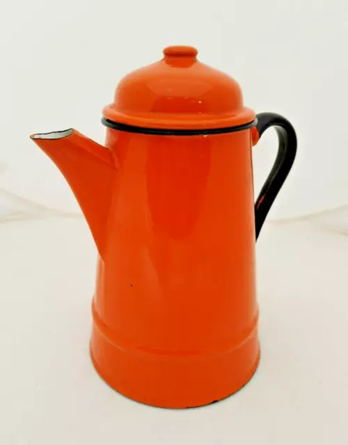 Vintage Orange Polish Enamel Metal Coffee Pot Made Poland Kitchen Mid Century