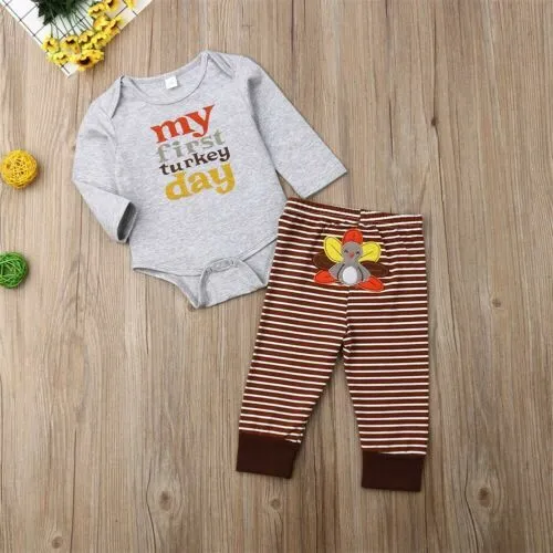 Newborn Baby Boy Girl My First Thanksgiving Outfit Bodysuit Pants Clothes Set