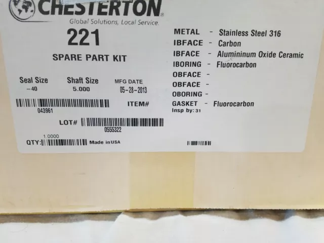 Chesterton 221 Spare Part Kit 04961 Mechanical Seal Size 40 Shaft 5"