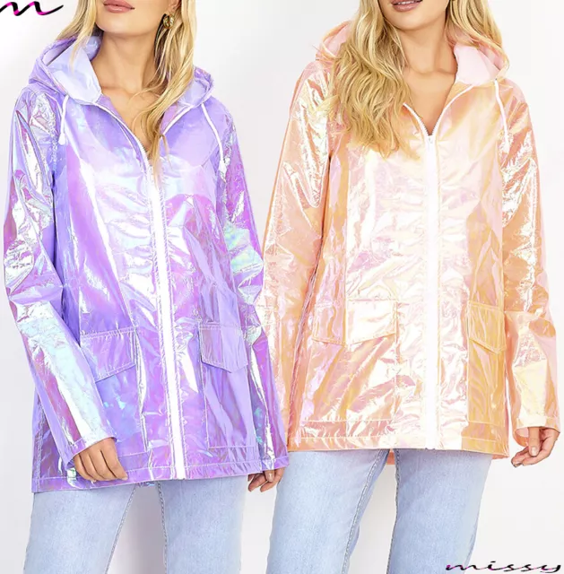 IRIDESCENT Womens Rain Mac Waterproof Holographic Raincoat Ladies Jacket MATALIC