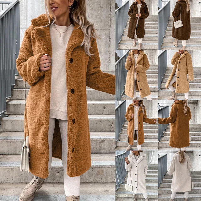 Womens Teddy Bear Fleece Trench Coat Winter Warm Fluffy Jacket Cardigan Overcoat