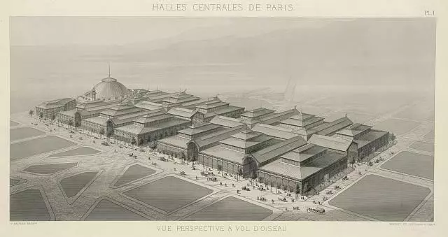Halles centrales de Paris -vue perspective a vol d'oiseau,1863,Les Halles Market