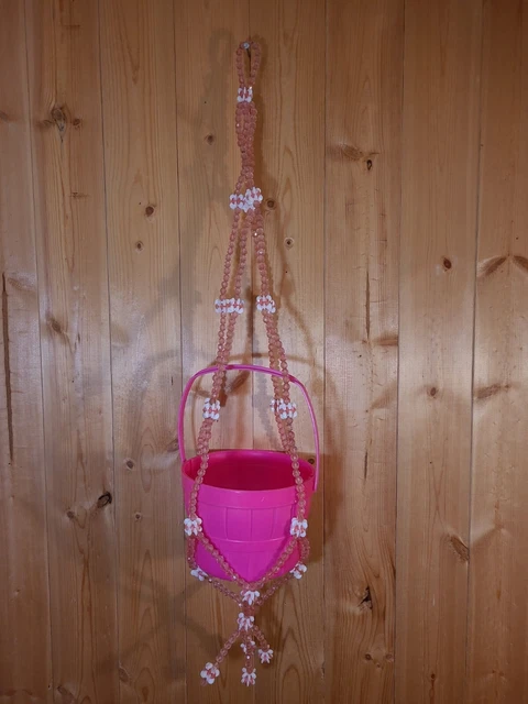 Pink Vintage 70's Plastic Beaded Macrame Swag Plant Holder Retro hanger MCM 28"