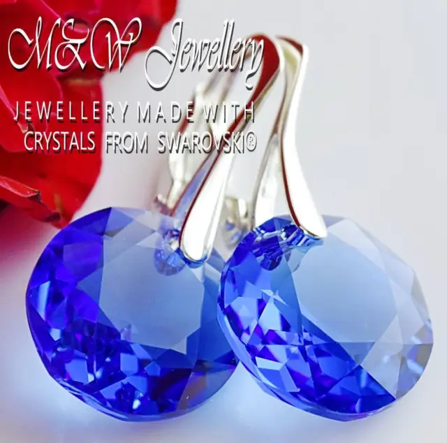 925 Silver Earrings Crystals From Swarovski® 14Mm *Classic Cut* Sapphire