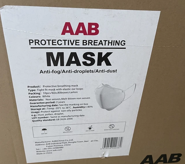 CASE OF AAB+ KN 95 PROTECTIVE BREATHING MASKS 10 Pcs in 80 BOXES = 800 MASKS NIB