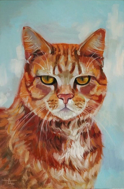 Quadro originale su tela Ritratto di un gatto rosso, dipinto a mano con olio