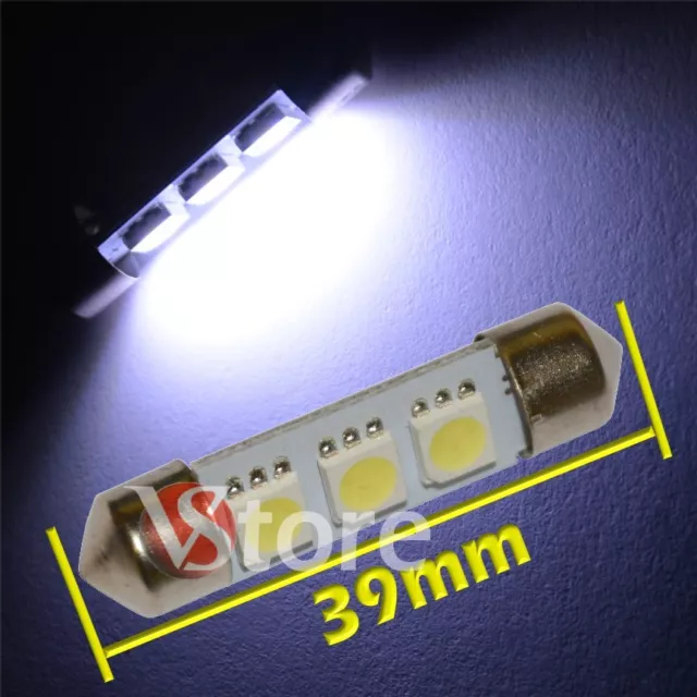 2 LED Siluro 39mm 3 SMD BIANCO Lampade Luci Xenon Lampadine Interno/Targa