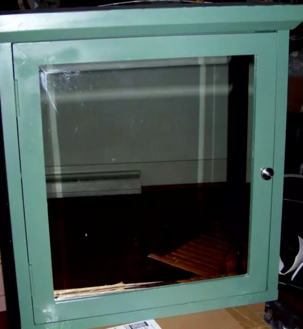 Large VTG Wood Medicine Cabinet Beveled Mirror Rustic Wall  Painted Green