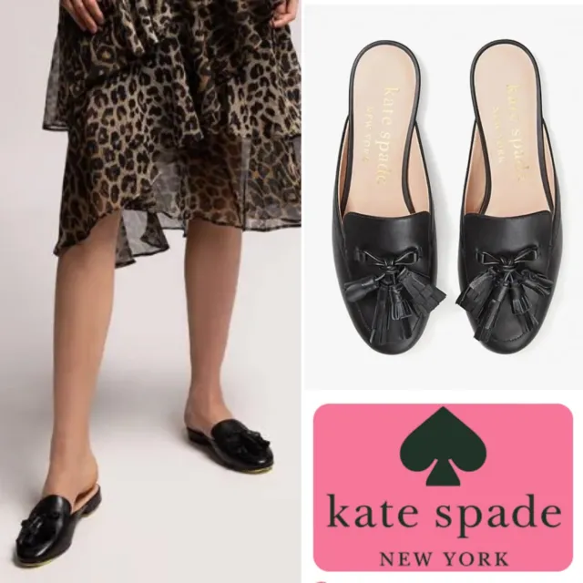 Kate Spade Cadenza Tassels Slip On Mules Leather Black ~ Sz 8 ~ $178