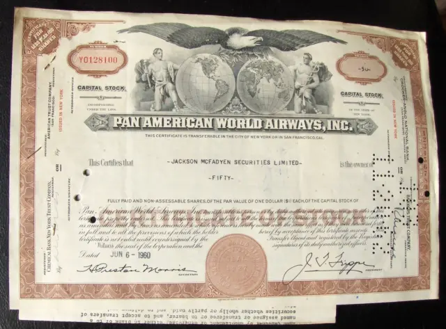 Pan American World Airways stock certificate Payee Jackson Securities + document