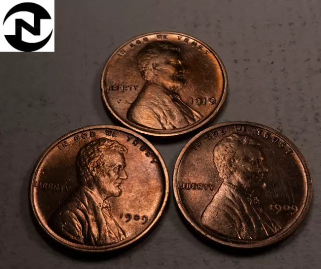 1909 VDB+1909+1910 Lincoln Wheat Penny Cent Set/Lot ~ AU/BU (red)~ (WL73)