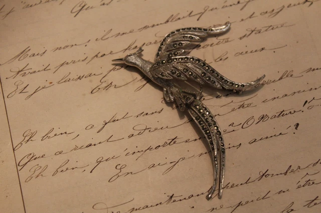 Broche Ancienne En Argent Massif Vermeil Filigrane Motif Oiseau - Bijou Vintage