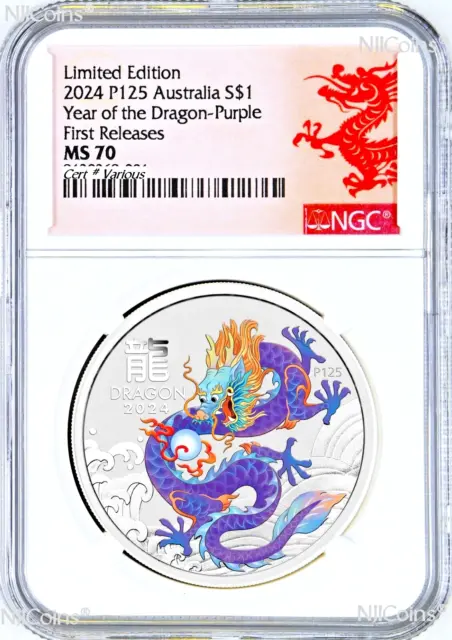 2024 Australia Silver Lunar Year of the Dragon NGC MS70 1oz $1 Coin P125 PURPLE