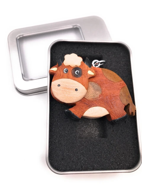 Porte-clés En Bois Vache - Ferme Fleur Bovin - Fait Main - Dans Boîte Cadeau