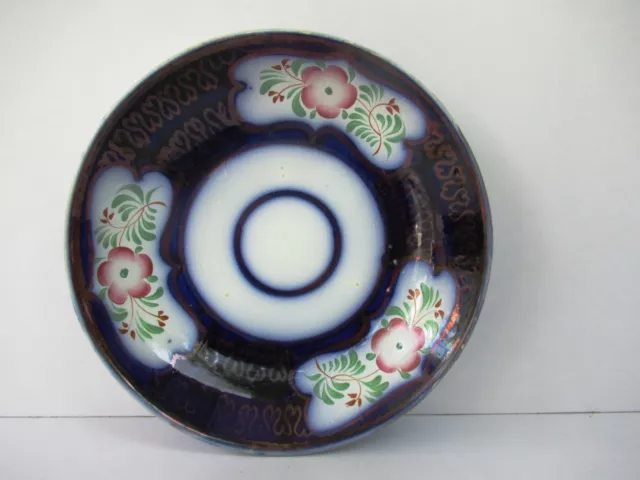 Antique Flow Blue Plate Dish English Pottery Hand Painted Flower Motif Decorativ