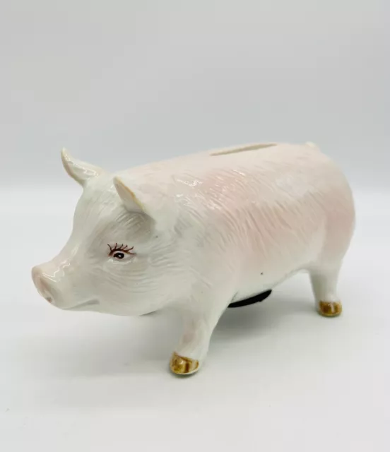 Vintage Pig Piggy Coin Bank 1950s Porcelain Pink White Textured Figural Animal