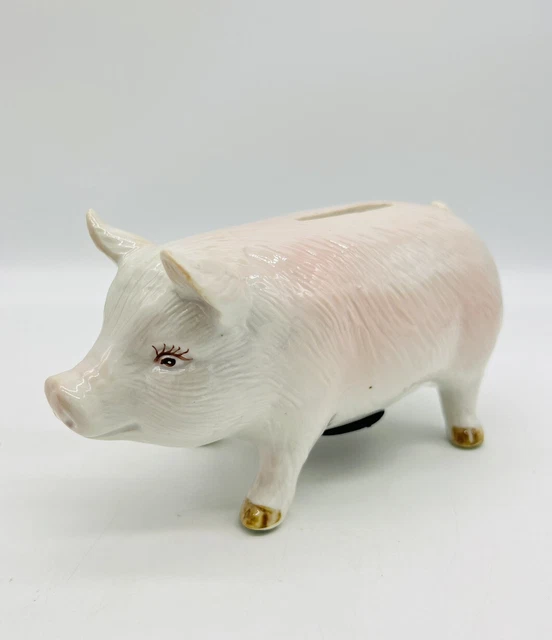 Vintage Pig Piggy Coin Bank 1950s Porcelain Pink White Textured Figural Animal