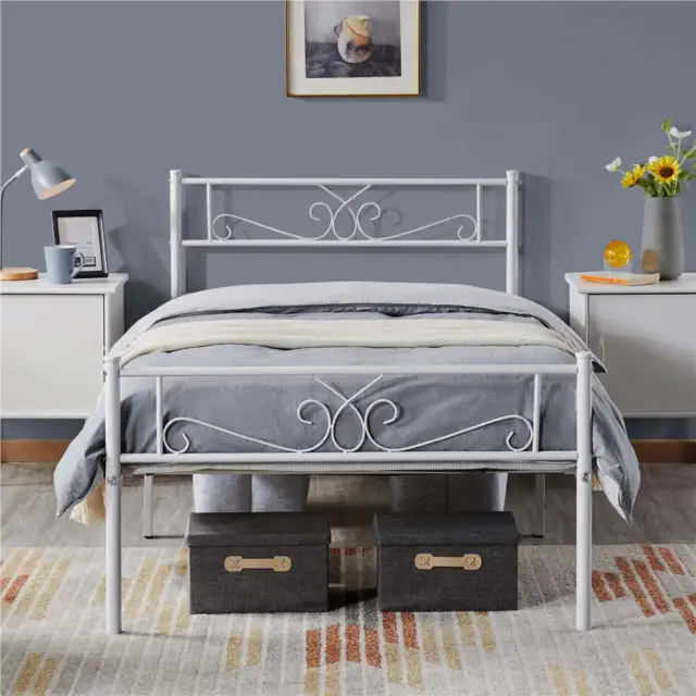 Twin Size Bed Metal Platform Bed Frame with Headboard Mattress Foundation White