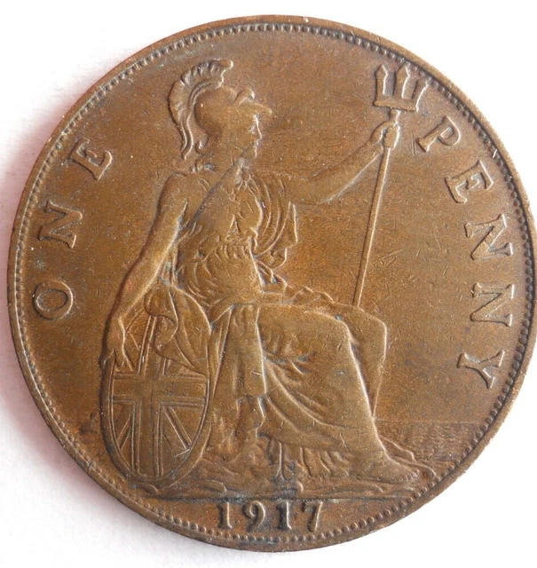 1917 GREAT BRITAIN PENNY - Excellent Coin - FREE SHIP - Bin #341