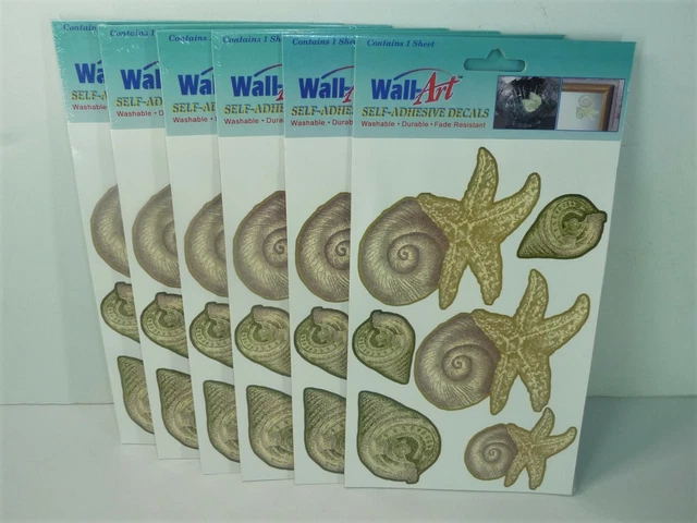 Wall Art Self Adhesive Decals Sea Shells Washable Fade Resistant New Lot of 6