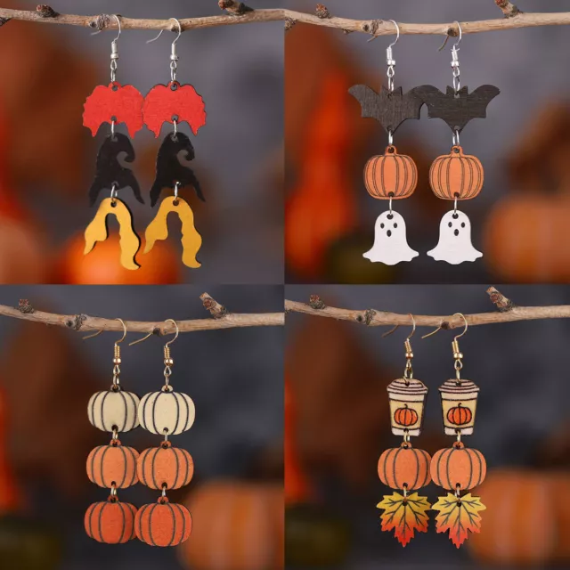 Gothic Witch Head Tassel Dangle Earrings Wooden Jewelry for Women Halloween Gift