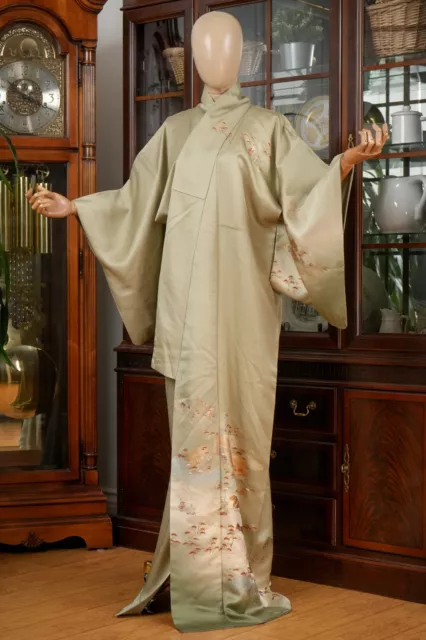 Dear Vanilla Japanese Silk Homongi Kimono Women's Authentic Japan Vintage Mint