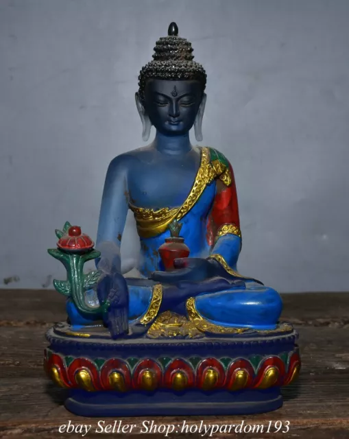 8" Old Chinese Blue Coloured glaze Painting Menla Medicine Buddha Statue