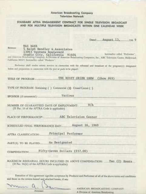Max Baer Jr. Signed Contract - The Rosey Grier Show - 1969