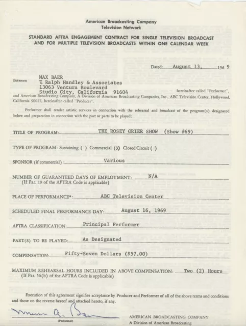 Max Baer Jr. Signed Contract - The Rosey Grier Show - 1969 Max Baer Jr. Signed Contract - The Rosey Grier Show - 1969