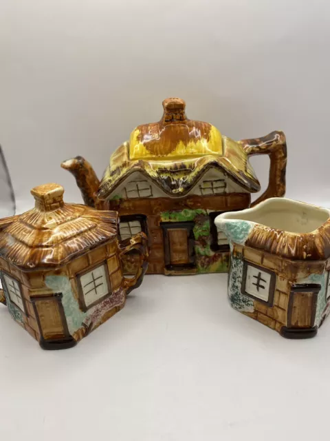 English Cottage Ware Tea Pot with Creamer & Sugar Bowl