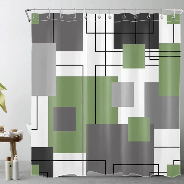 Grey and White Striped Geometric Shower Curtain Decor, Abstract Mid Century