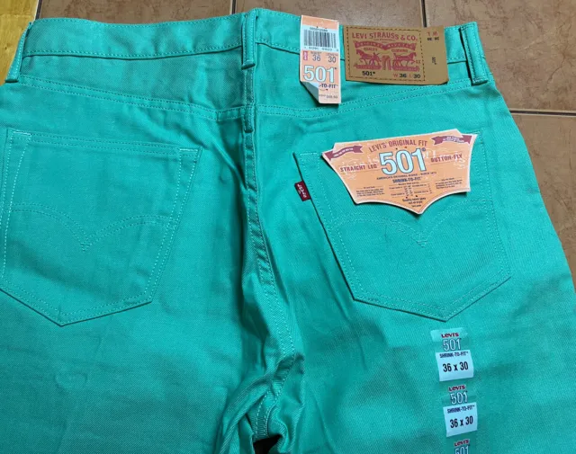 NEW Premium Levis 501 Jeans Original Shrink to Fit Raw Denim Green Sz 36 x 30