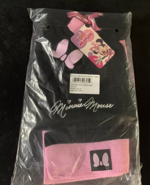 MINNIE MOUSE DISNEY Knit Winter Beanie Hat With Pom Gloves & Scarf Set - NWT $30