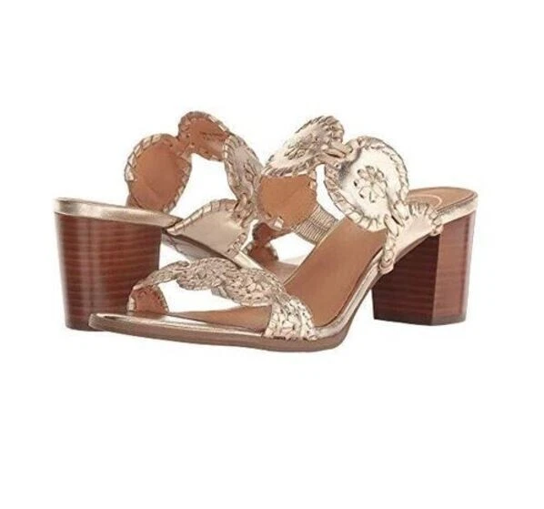 Jack Rogers Womens Lauren Sandals Gold Metallic Stacked Heel Stitched Leather 7M