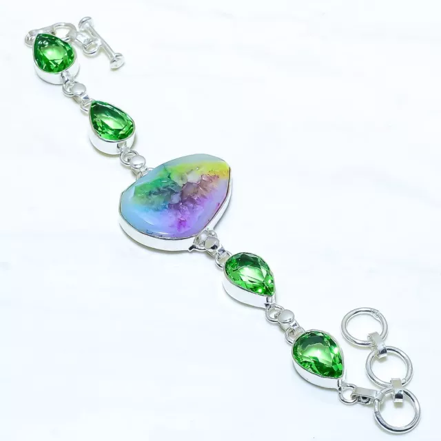 Rainbow Agate Druzy, Peridot Gemstone Silver Jewelry Bracelet 7-8" BRJR3503