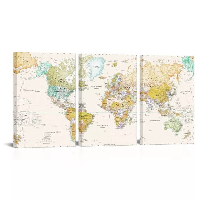 3 Pieces Vintage World Map Canvas Wall Art Retro Map of The World Canvas Prin...