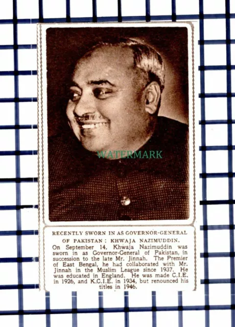 C6516) Khwaja Nazimuddin Governor General Pakistan  - 1948 Cutting