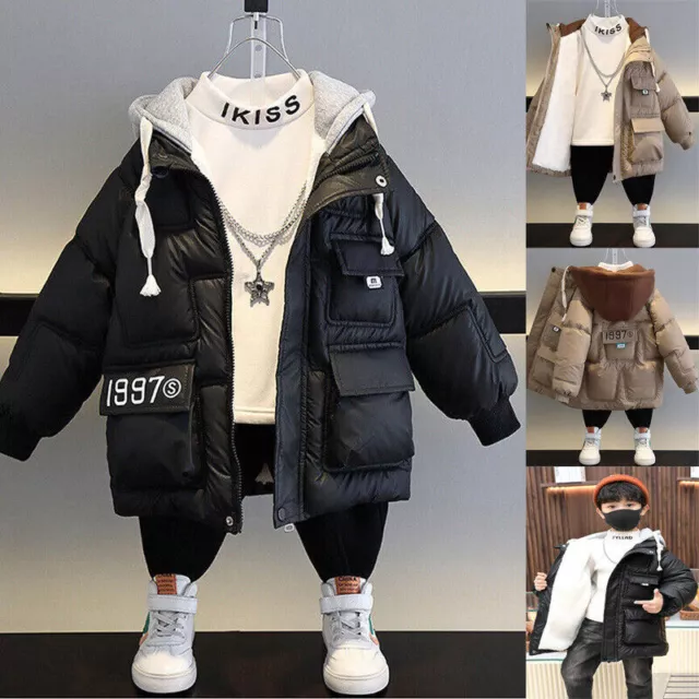Kids Boys Winter Warm Coats Hooded Fur Lined Parka School CasualOutwear Jackets/