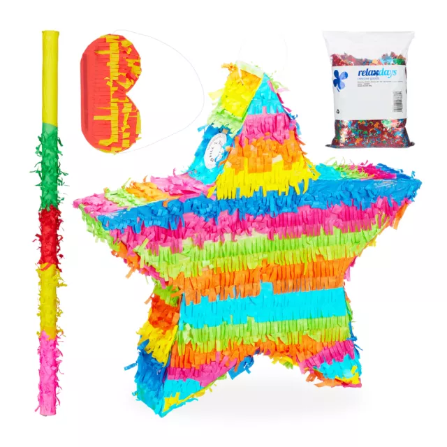 Set de piñata estrella colores, palo, antifaz y confeti, Decoración cumpleaños