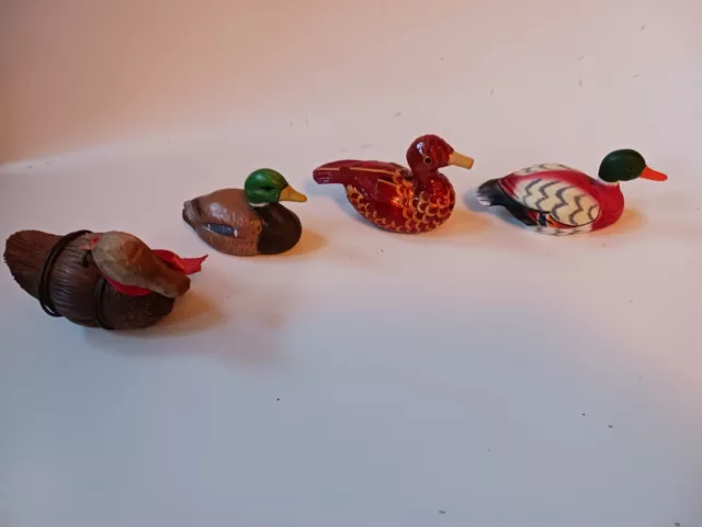 Set of Four Miniature Duck Figures In Reed, Wood, Plastic, Ceramic