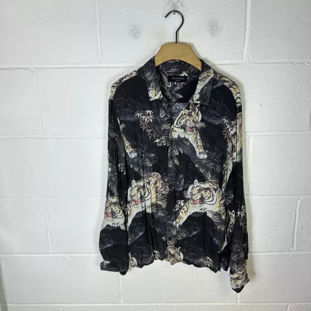 Allsaints Shirt Mens Medium Black Chokai Hawaiian Oriental Pattern Tiger Viscose