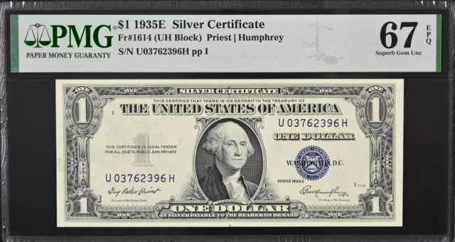 1935-E $1 Silver Certificate Fr# 1614 Uh Blk Sn#U03762396H Pmg 67 Epq Superb Gem