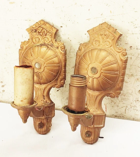 Vtg antique cast iron ornate wall sconce light fixture set deco nouveau