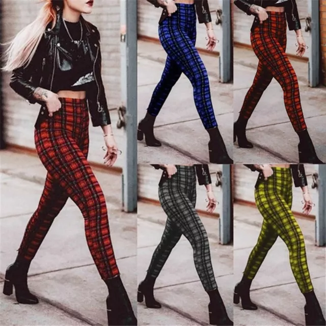 Check Plaid Tight Leggings with High Waist Trendy Fashionable Pants for Women