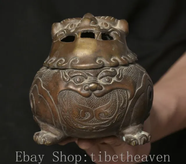4.8" Rare Old Chinese Copper Dynasty Palace Foo Dog Lion Beast incense burner
