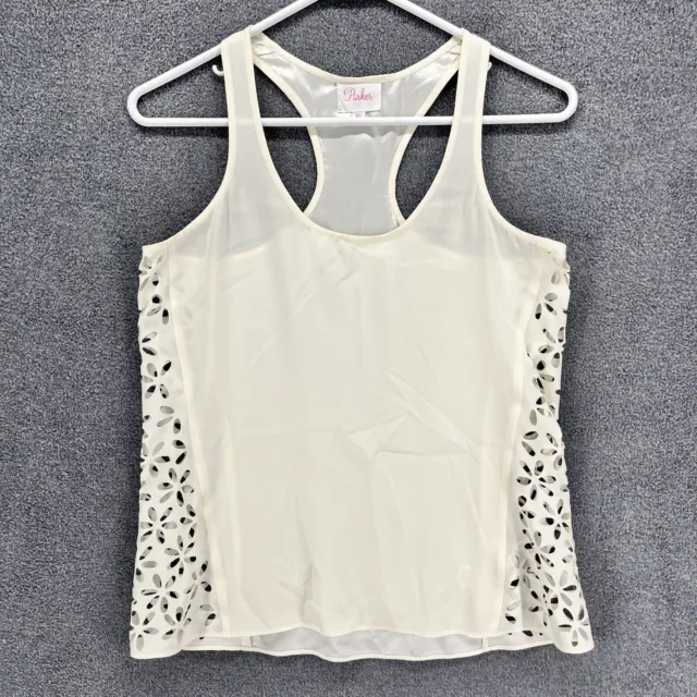 Parker Top women XS White floral laser cut Blouse Racerback 100% Silk Tank