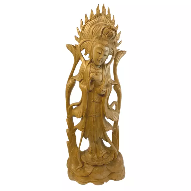 Guanyin Statue Wood Carving Bodhisattva Goddess Compassion Sculpture Bali Art