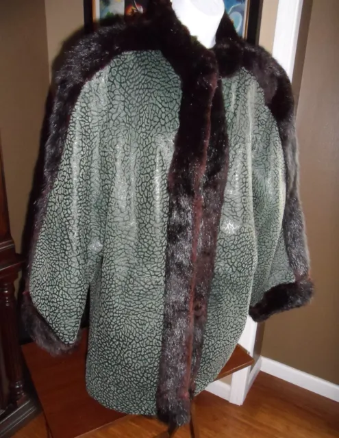 Amazing 1X Green Leather Jacket With Real Beaver Fur
