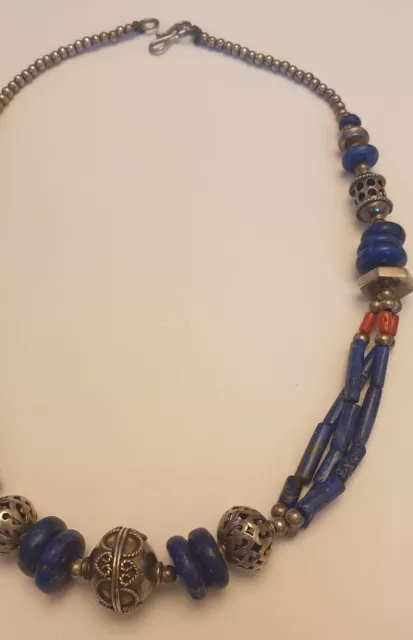 Collier Kette aus Echt Silber mit Lapislazuli und Koralle 53 cm/85 Gramm Maßiv 3